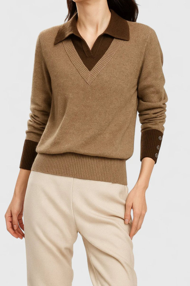 Modny dzianinowy sweter damski z kołnierzykiem polo, dekoltem V. Casualowy, idealny na chłodne dni.