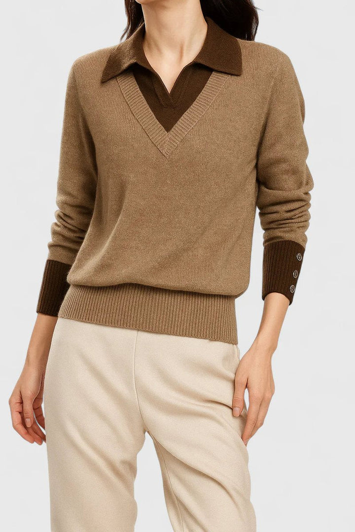 Modny dzianinowy sweter damski z kołnierzykiem polo, dekoltem V. Casualowy, idealny na chłodne dni.