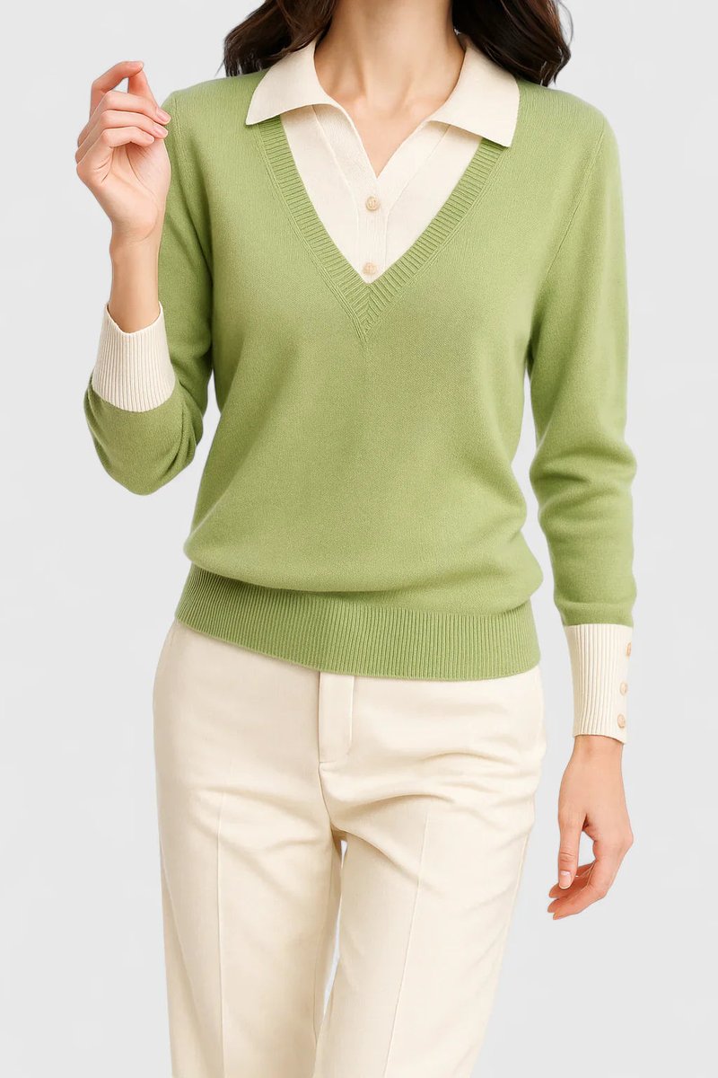 Sweter damski z dekoltem V i polo. Elegancki, dzianinowy, luźny krój. Podkreślający styl w jesiennej modzie.