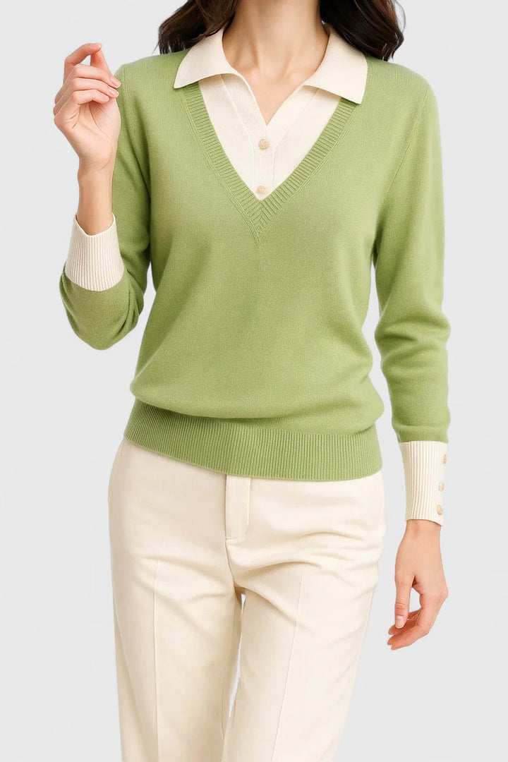 Sweter damski z dekoltem V i polo. Elegancki, dzianinowy, luźny krój. Podkreślający styl w jesiennej modzie.