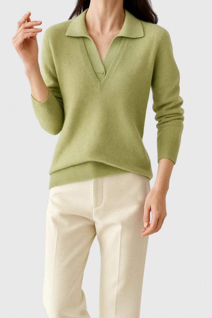 Damski sweter z dekoltem V i polo. Elegancki i casualowy, dzianinowy, luźny krój na jesień i zimę.