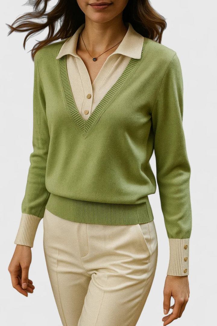 Uniwersalny sweter damski z dekoltem V i polo. Elegancki, casualowy, luźny krój na zimę.