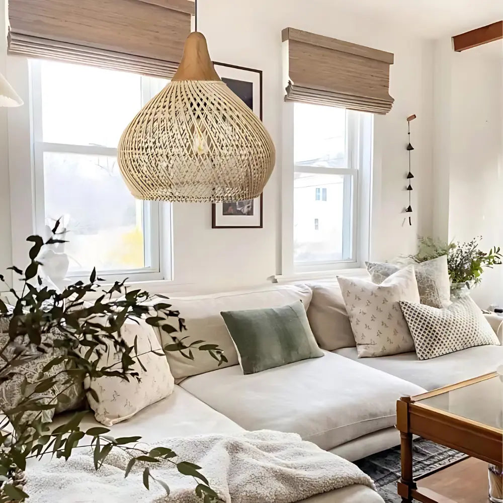Rattanowa lampa wisząca boho, detal plecionki. Ukazuje naturalną teksturę i kunszt wykonania. Oświetlenie.