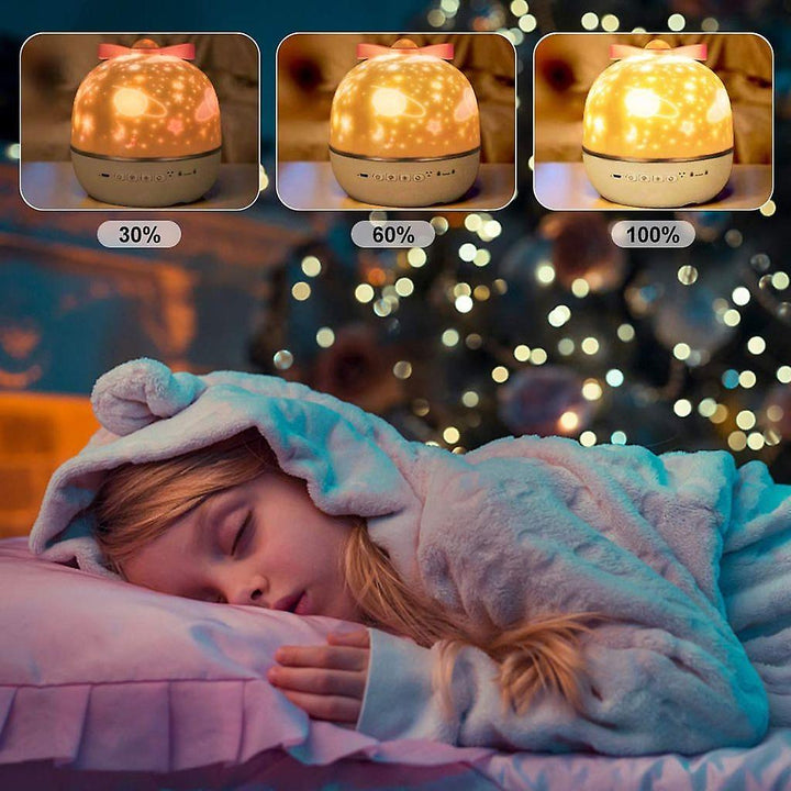 Lampka nocna LED z projektorem gwiazd dla dzieci. Oświetla pokój dziecka, tworząc usypiające nocne niebo.